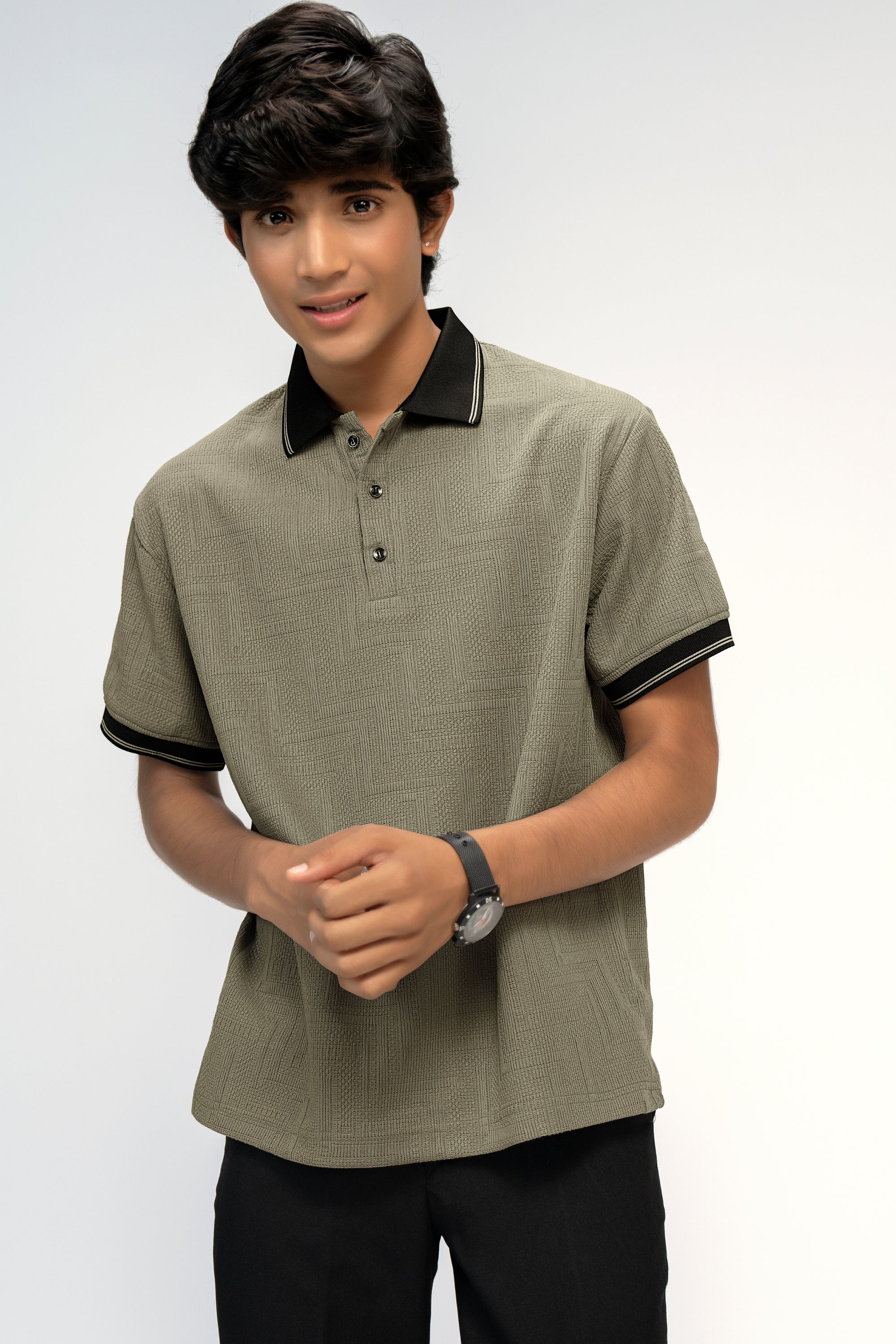 SOFT OYSTER GREY TEXTURED BOYS POLO