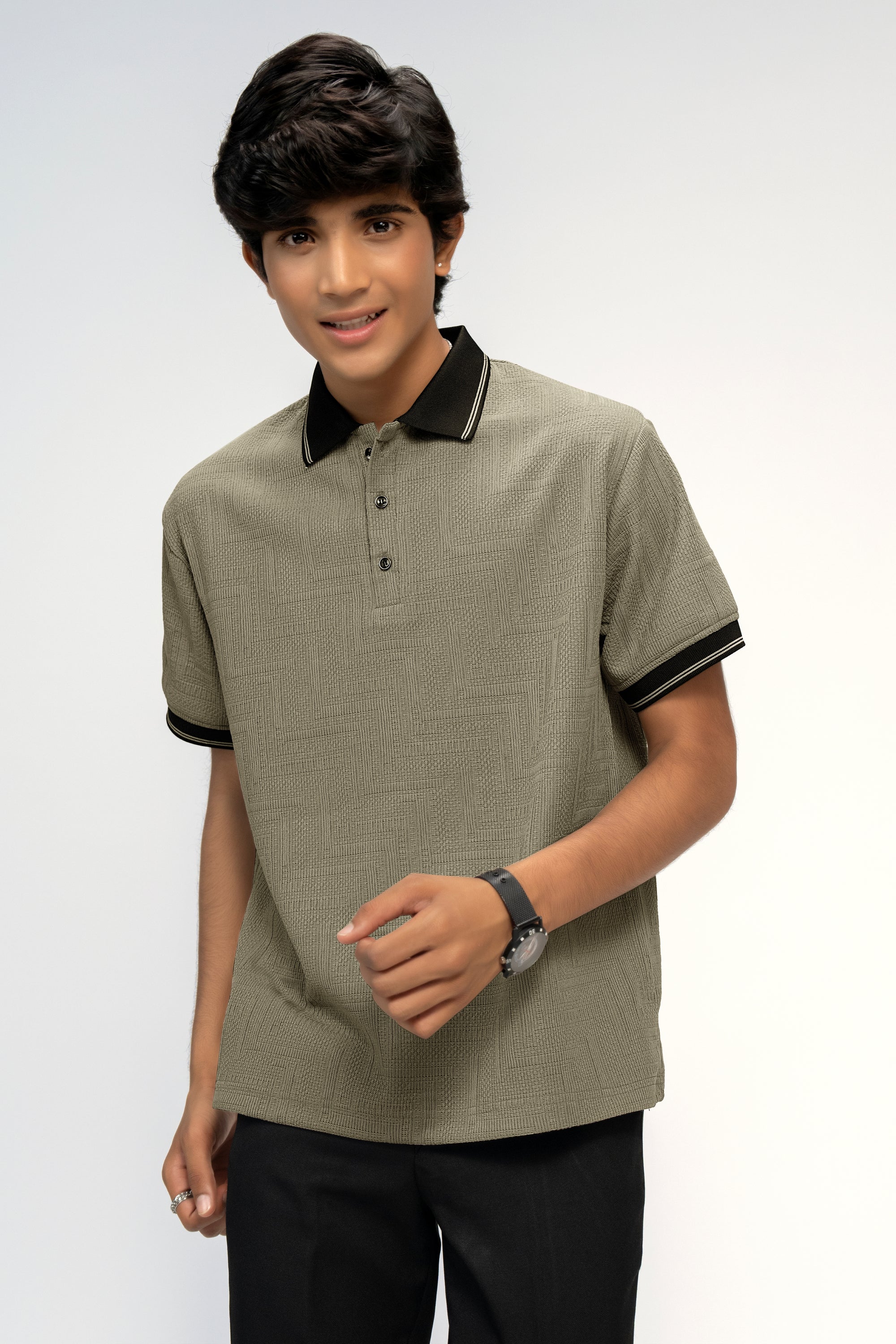 SOFT OYSTER GREY TEXTURED BOYS POLO