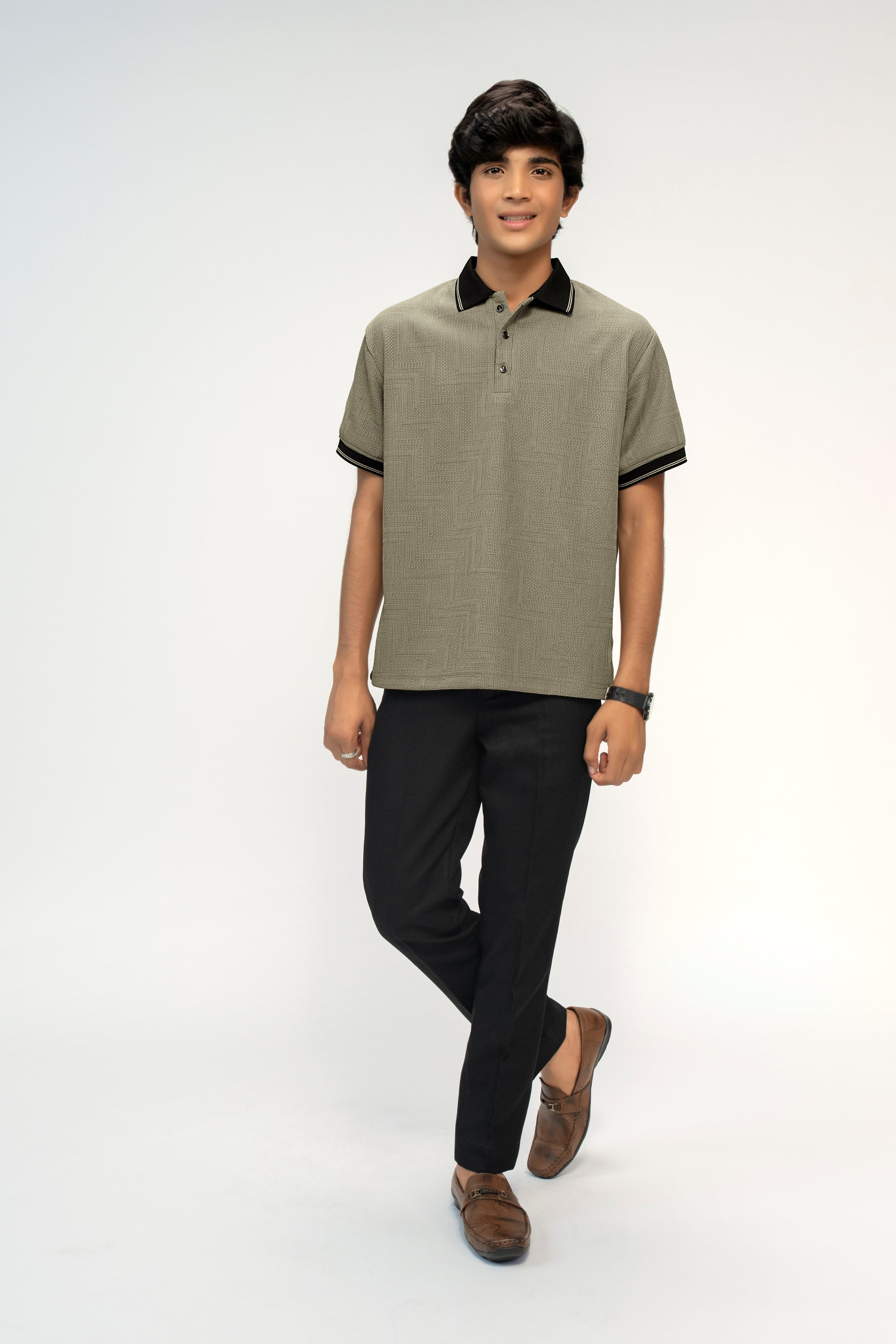 SOFT OYSTER GREY TEXTURED BOYS POLO