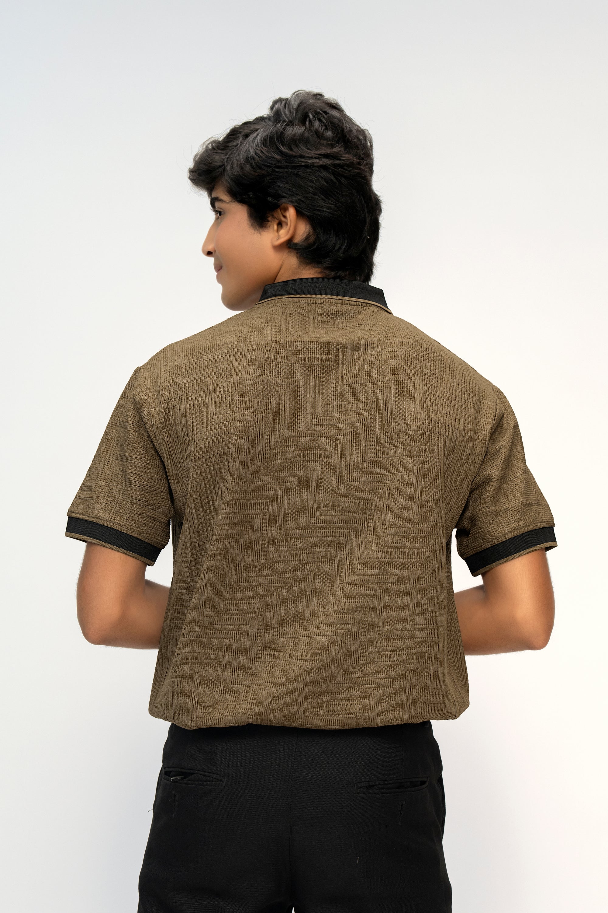 BROWN ZIPPED TEXTURED BOYS POLO
