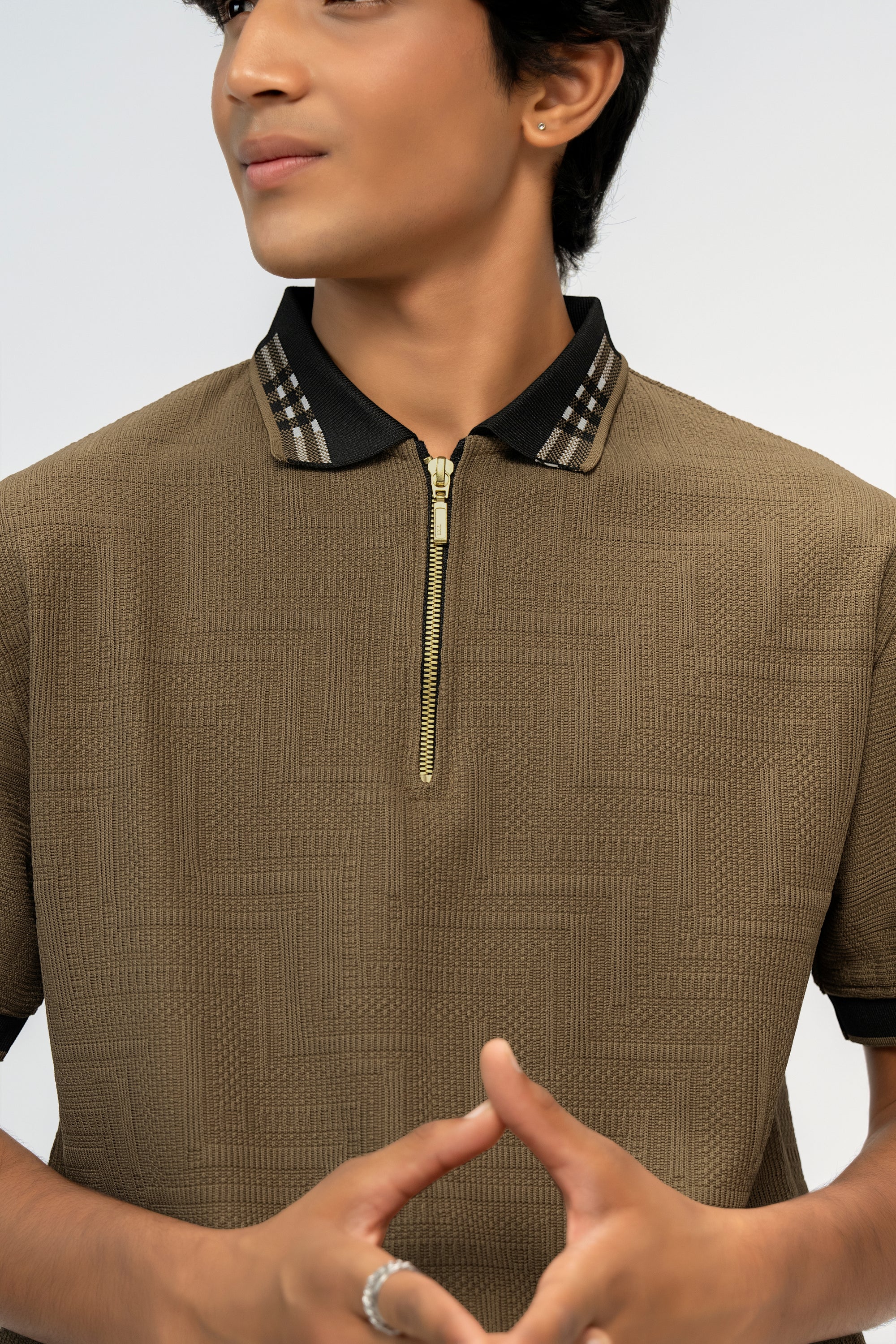 BROWN ZIPPED TEXTURED BOYS POLO