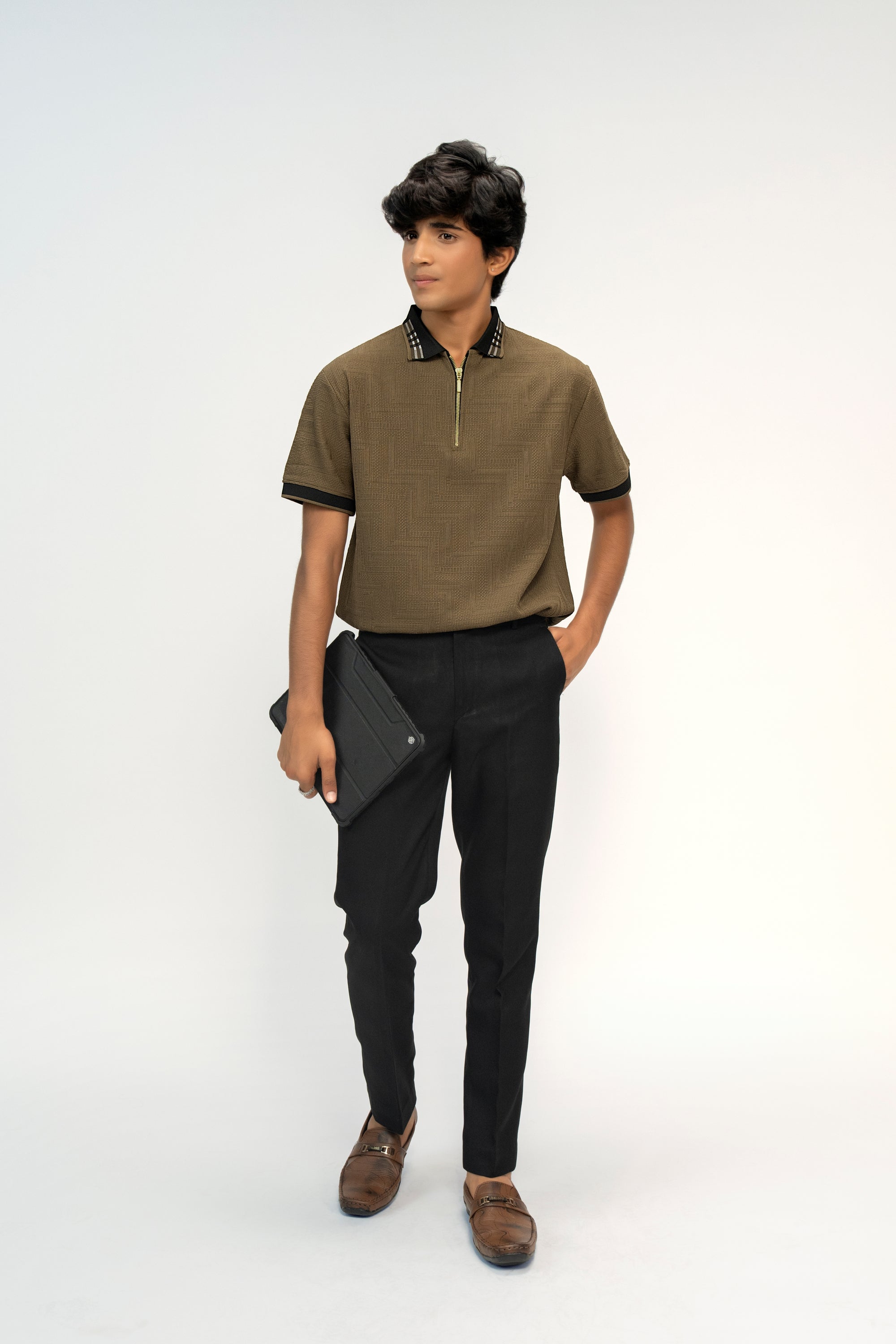 BROWN ZIPPED TEXTURED BOYS POLO