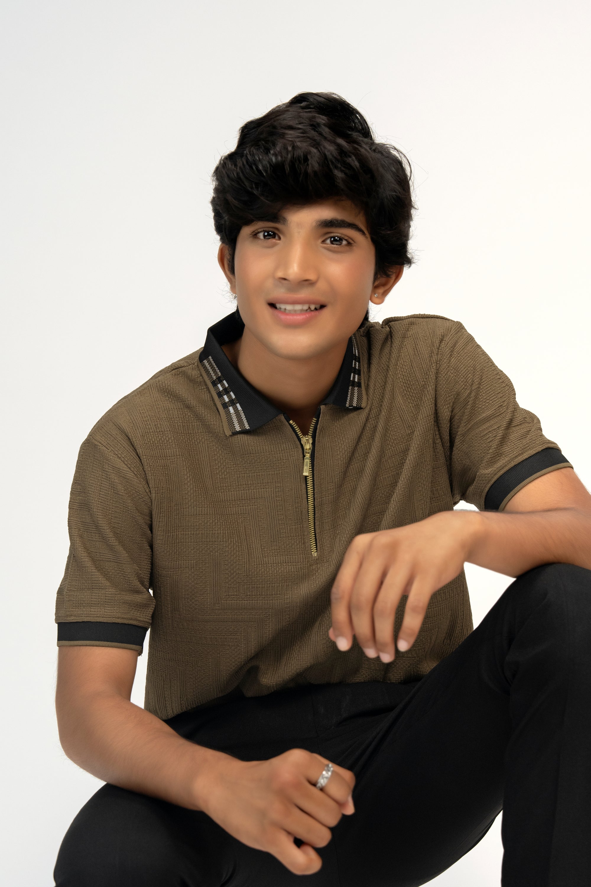 BROWN ZIPPED TEXTURED BOYS POLO