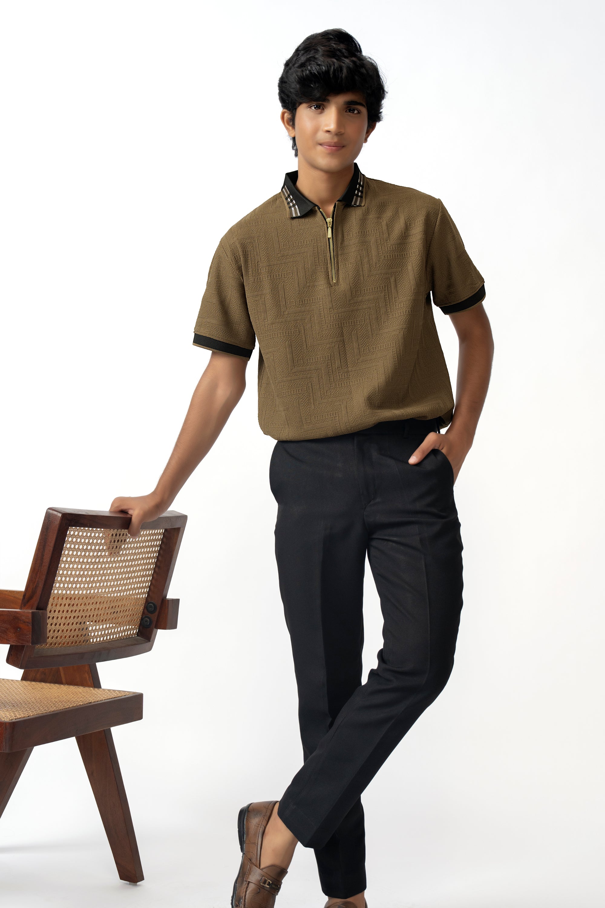 BROWN ZIPPED TEXTURED BOYS POLO