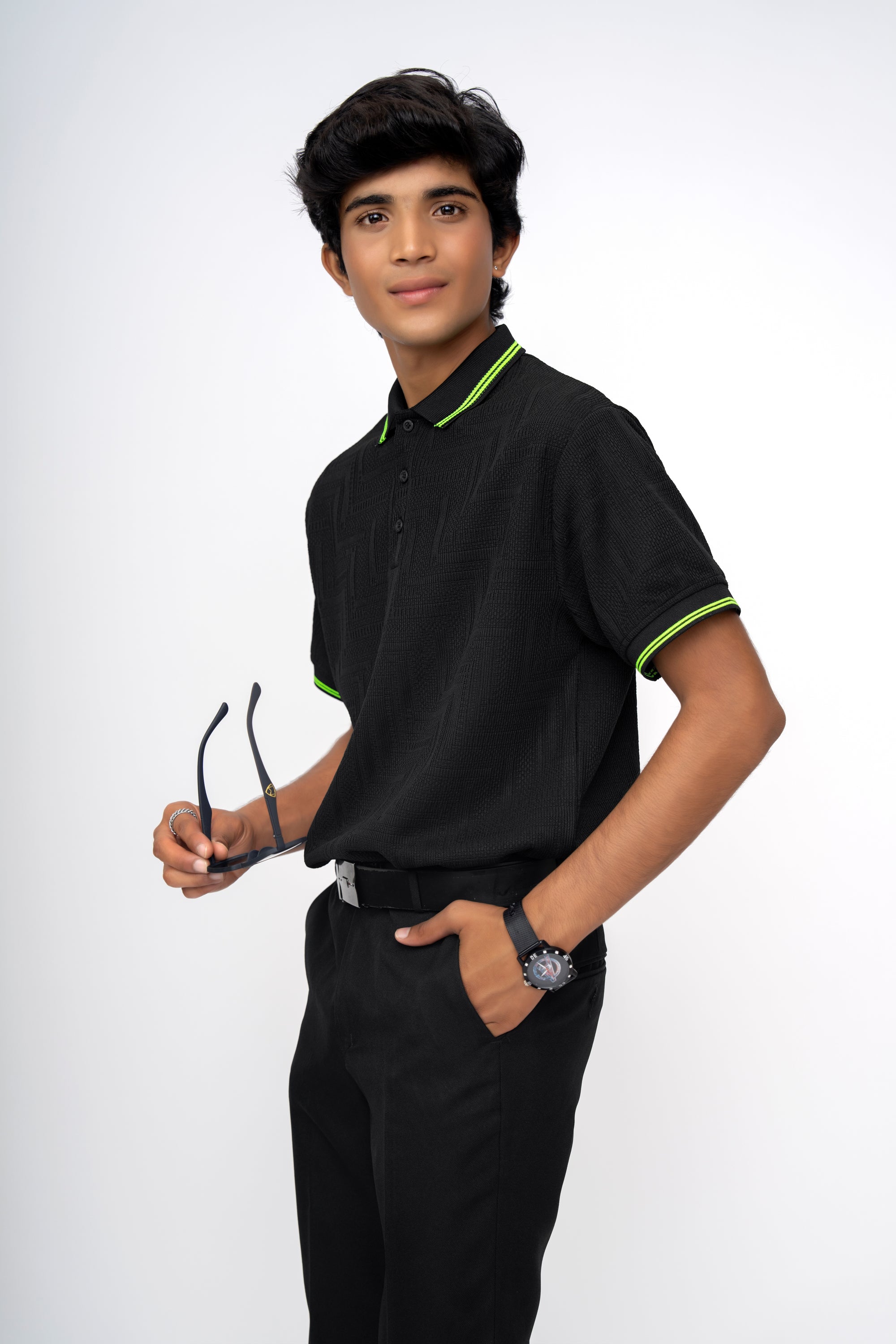 NEON CODE BLACK TEXTURED BOYS POLO