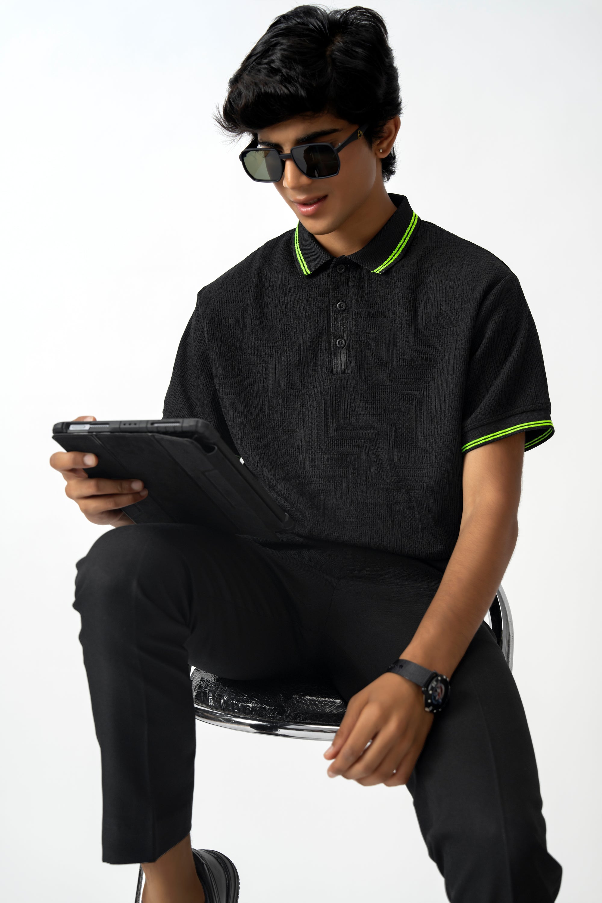 NEON CODE BLACK TEXTURED BOYS POLO