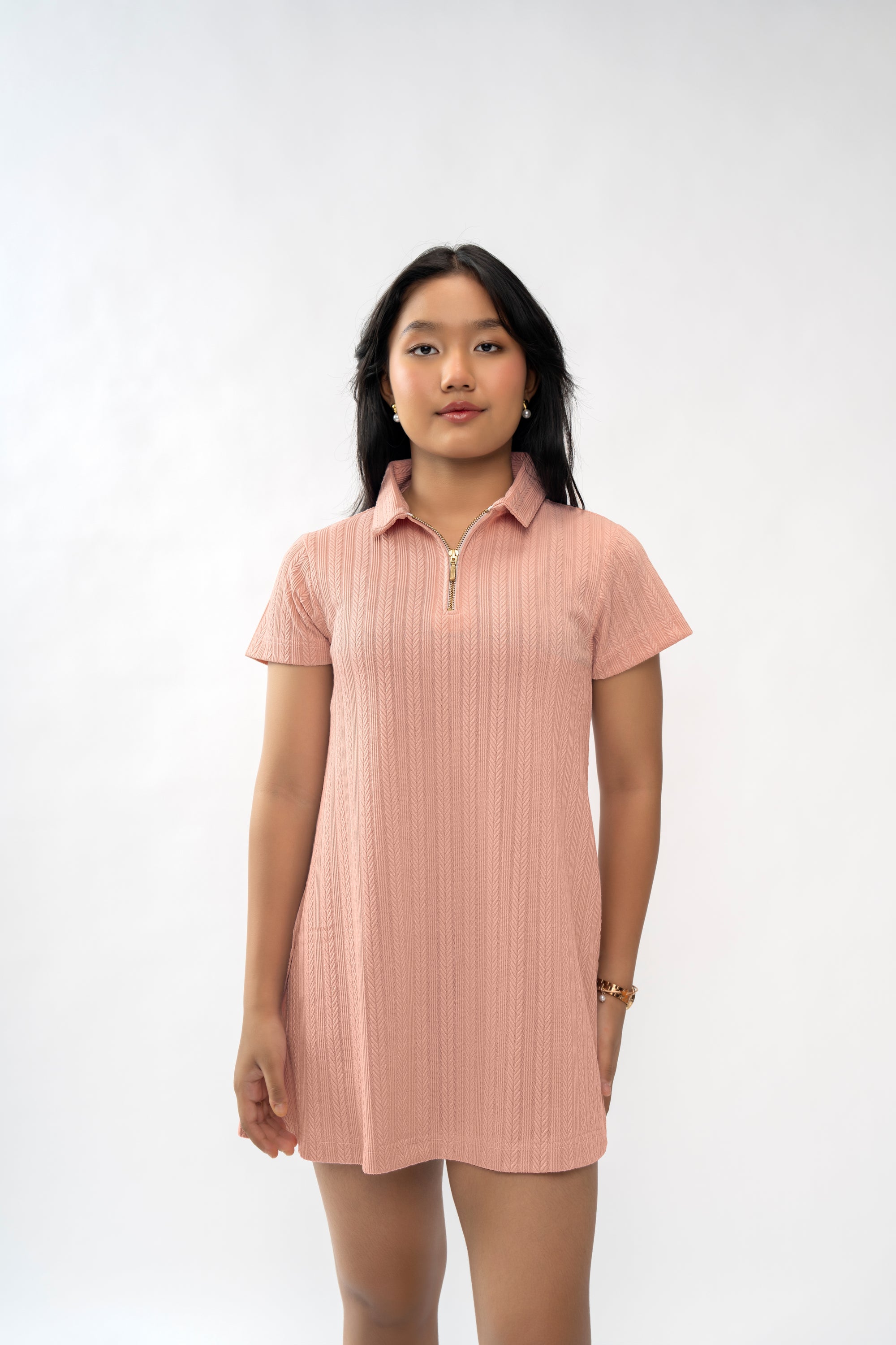 TEXTURED VINTAGE PINK GIRLS POLO DRESS