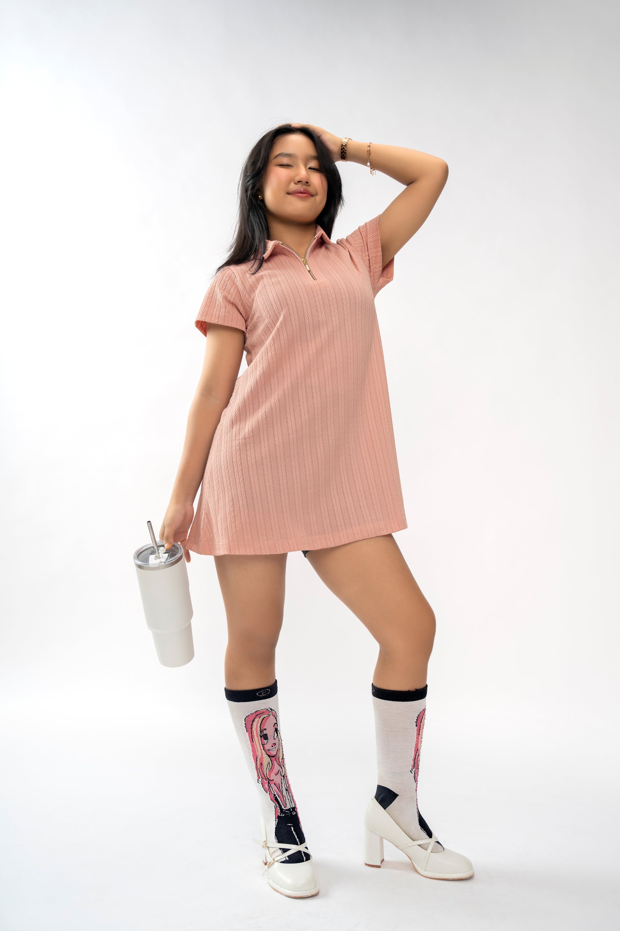 TEXTURED VINTAGE PINK GIRLS POLO DRESS