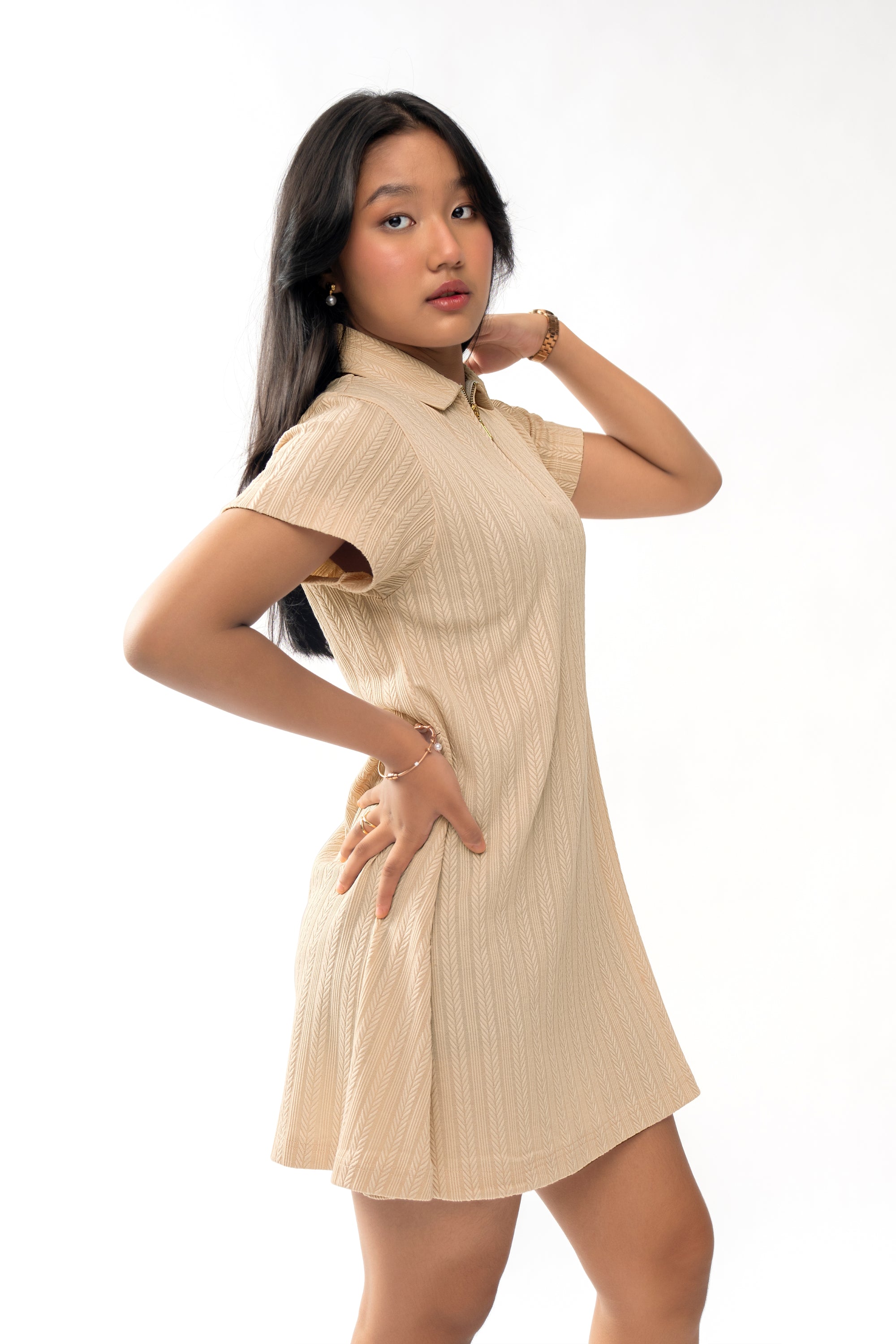 TEXTURED IVORY GIRLS POLO DRESS
