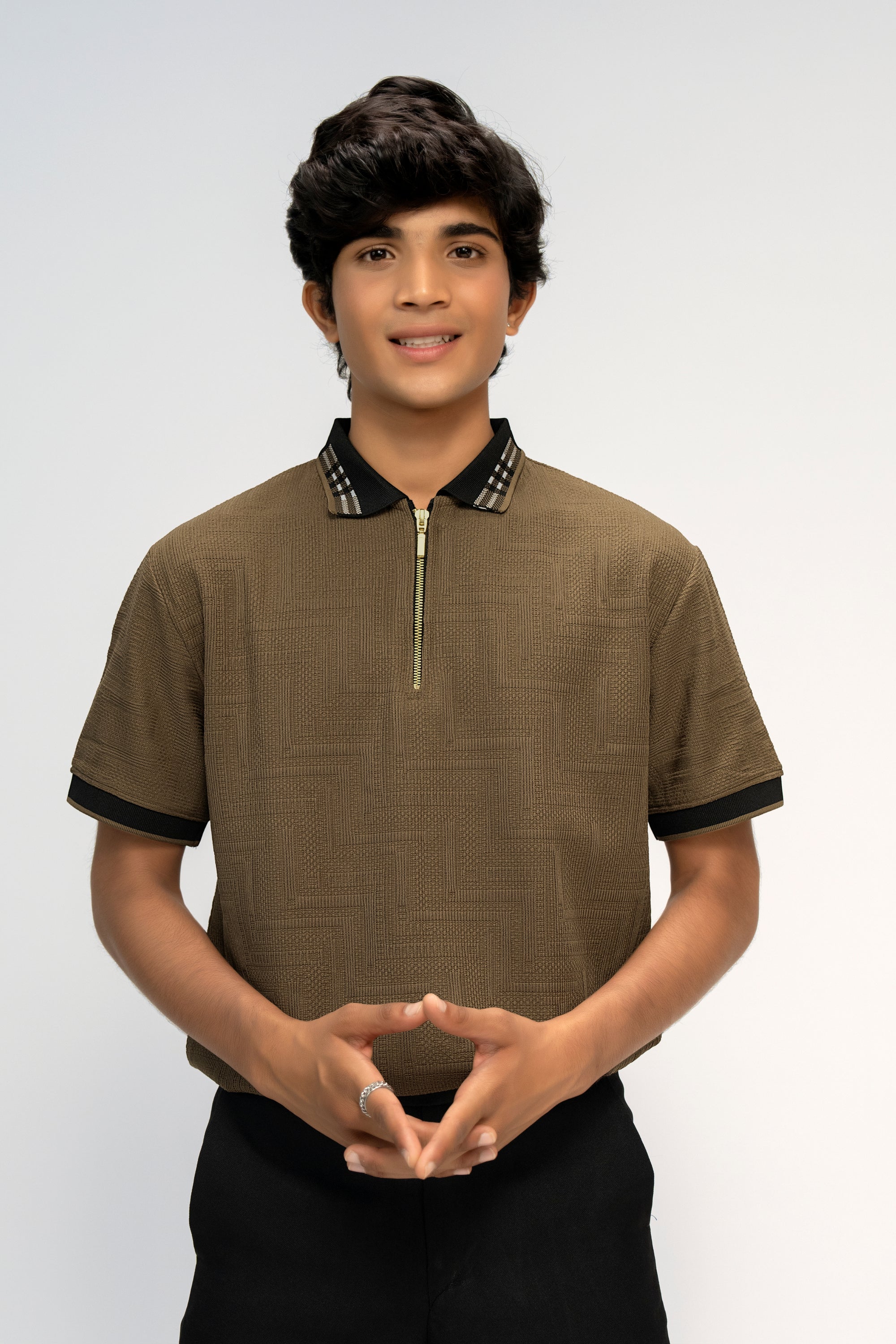 BROWN ZIPPED TEXTURED BOYS POLO