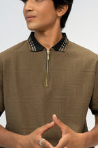 BROWN ZIPPED TEXTURED BOYS POLO