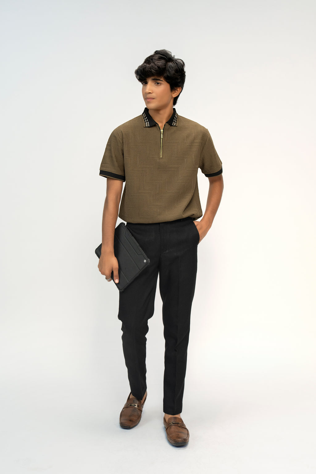 BROWN ZIPPED TEXTURED BOYS POLO