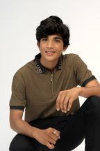 BROWN ZIPPED TEXTURED BOYS POLO